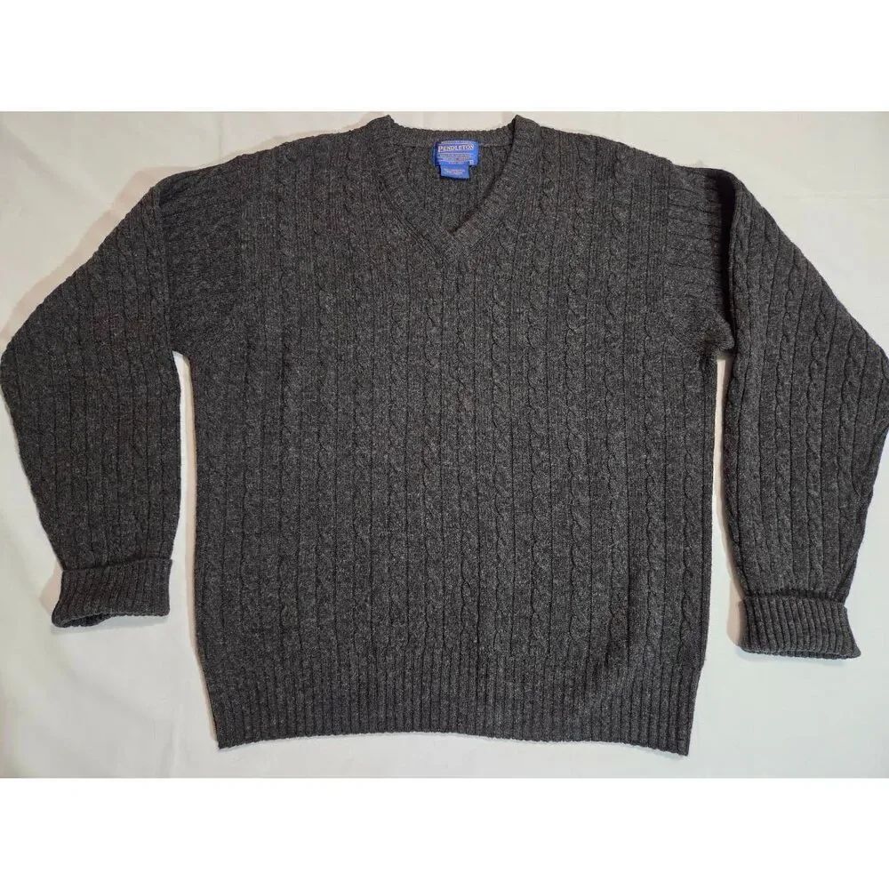 PENDLETON LAMBS WOOL VNECK PULLOVER CABLE KNIT SWEATER GRAY CHARCOAL MENS MEDIUM